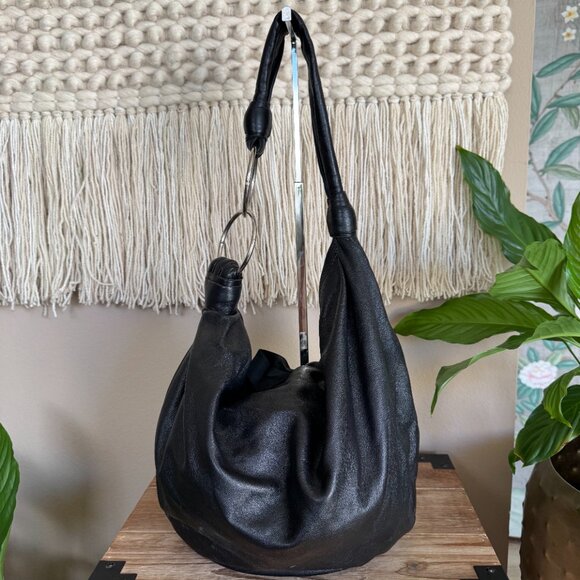 Lolli Black Genuine Leather Silver O Ring Squishy Dumpling Large Hobo Sling Bag - Picture 6 of 12